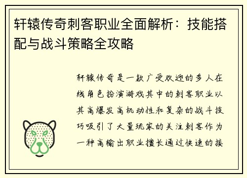 轩辕传奇刺客职业全面解析：技能搭配与战斗策略全攻略